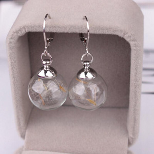 ต่างหูทรงกลมทองแดงวินเทจประดับมอสเขียวแท้รูปดอกแดนดิไลออนแก้ว - Product Image 3