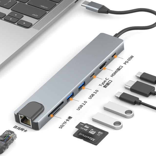 8-In-1 USB Hub with Type-C PD  ADTA USB3.0 USB2.0 RJ45 100 Mbit SD/TF Network Card Docking Station with Stock Products