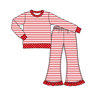 เสื้อเชิ้ตลายทางสีสันสดใสสำหรับเด็กผู้หญิงตัวเล็ก พร้อมกางเกงขาบานระบาย ชุดเซ็ต 2 ชิ้น ขายส่งเสื้อผ้าเด็ก - Product Image 2