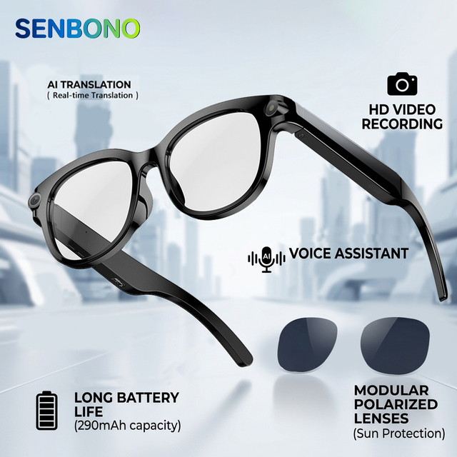 SENBONO Smart Glasses Camera 290mAh Long Battery Life AI Translation Voice Assistant Wireless Calling Smart Glasses with Camera