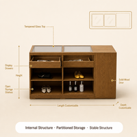 Meuble de rangement moderne en acier inoxydable avec dessus en verre trempé et étagères ouvertes en panneau écologique, directement de l'usine