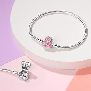<b>Copper</b> Silver Plated Logo Pink Enamel CZ Snake Chain <b>Bracelet</b> Fit European Charm Beads - Product Image 4