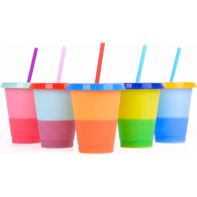 16 oz Reusable Plastic Drinkware Accessories Set of 5 Color Changing Cups with Lids and Straws