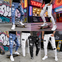 Fabricant de denim YSJY, pantalon personnalisé déchiré et usé, badges, patchs artistiques, jean skinny biker blanc, pantalon slim pour homme