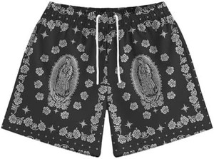 Men's Gray Printed <b>Shorts</b> With Virgin Mary And Cross Design Elastic Waist Casual Breathable Sport <b>Shorts</b> - Product Image 2
