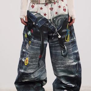 Jeans Vaqueros de Mezclilla con Doble Cintura, Estampado Gráfico, Holgados, Estilo Hip Hop, Patchwork, Retro, Vintage, Personalizados, para Hombre y Mujer - Product Image 1