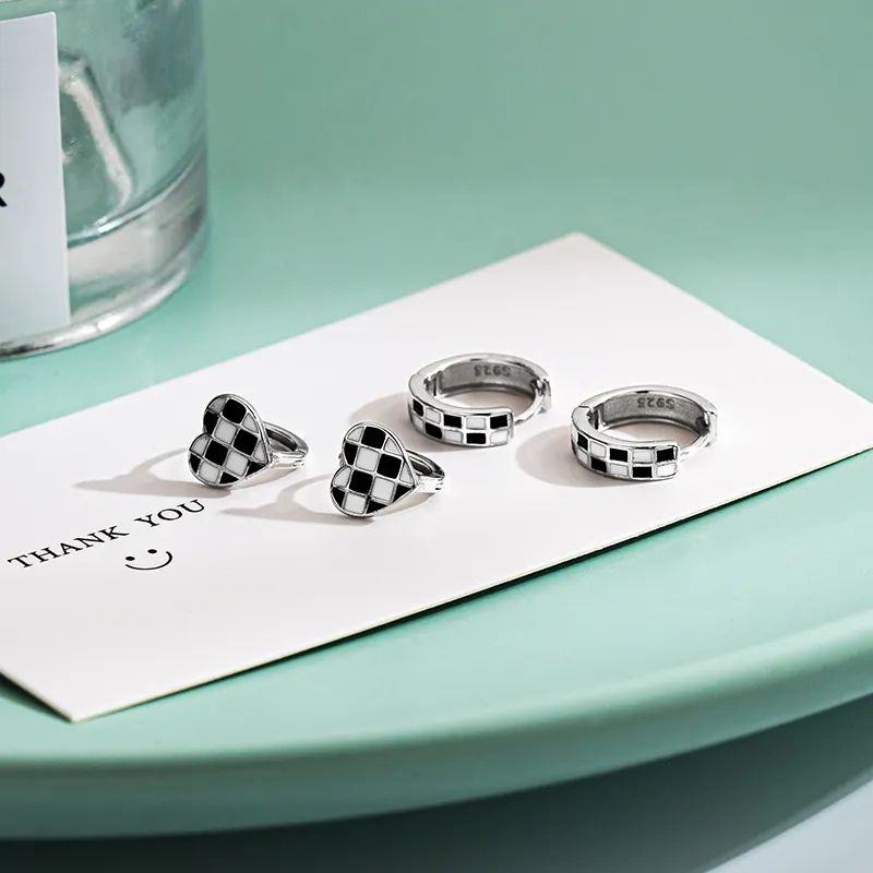 925 sterling silver jewelry black and white enamel checkerboard stud earrings women huggie hoop