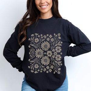 T-shirt à manches longues monochrome floral style bohème OEM ODM, style vintage, motif floral, cadeau pour les amoureux de la nature, tendance bohème, chic rétro - Product Image 6