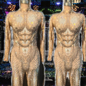 Mono brillante de una pieza para hombre, Sexy, de manga larga, con diamantes de imitación dorados, trajes de <span class=keywords><strong>Stripper</strong></span> para hombre, mono de leotardo de baile para actuación - Product Image 2