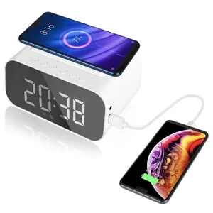 Mirror Wireless Bluetooth Speaker LED Display FM Radio With Wireless Charger 4D HiFi Stereo Bass Sound Mini Alarm Clock