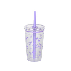 Vaso de una sola capa con pajita de 450 ml, diseño de lazo, pajitas multicolor tipo caramelo para agua, leche, té, café, uso unisex. - Product Image 5