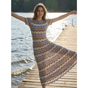 فستان ماكسي صيفي 2026 بنمط شيفرون محبوك للنساء بأكمام قصيرة وياقة دائرية وتصميم بوهيمي ضيق للشاطئ والإجازات - Product Image 3