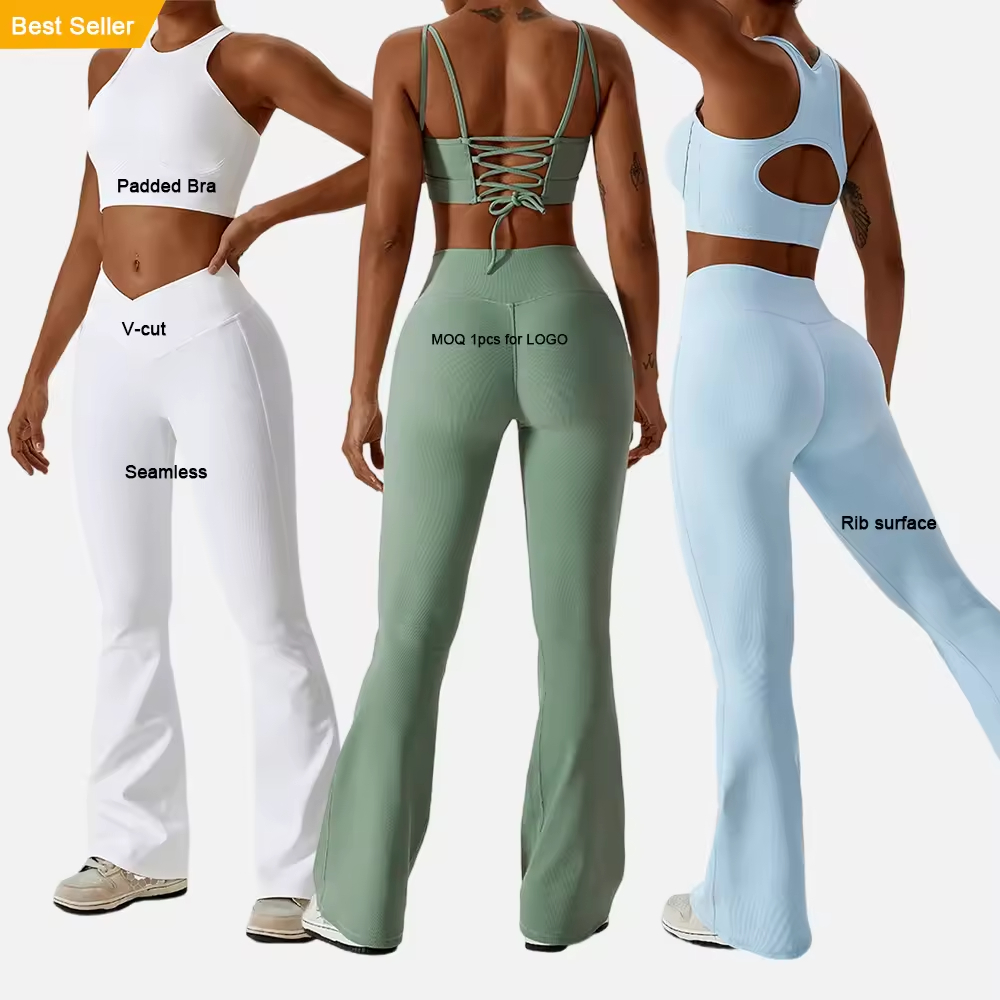 Women Ribbed V Cut Wide Leg Workout Yoga Set Lady High Waist Butt Lifting Sports Flare Pant Femme Solid Color Gym Suit
