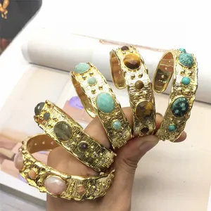 Customize 18k Gold Plated Cuff Bangle Natural Gemstones Prehnite Turquoise Bracelet Boho Jewelry Women Girl Gifts Wholesale