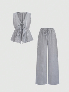 Conjunto de verano para mujer: chaleco largo sin cuello de color liso a rayas y pantalones casuales con cordones, conjunto dulce y versátil sin mangas. - Product Image 5