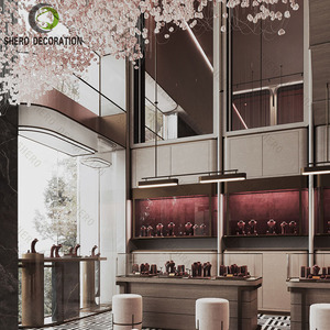 Luxury Brushed <b>Gold</b> Glass Jewellery Shop Counter Red Jewelry Display Cabinet For Boutique Jewelry Shops Interior Design - Product Image 4