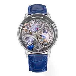 제이콥 코 아스트로노미아 드래곤 시계 바게트 스테인리스 스틸 케이스 블루 PU 가죽 스트랩 스마트 스켈레톤 기계식 크리스탈 시계 - Product Image 5