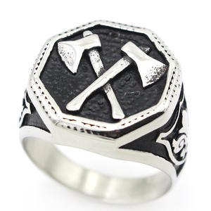 Retro Modern Men's Stainless Steel 925 Silver Plated Double Axe Geometric Design Gift <b>Ring</b> - Product Image 3