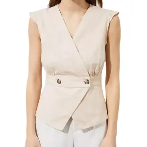 Customize Office Lady Summer V-Neck Sleeveless Solid Double Button Formal Blouse Women's Blouse