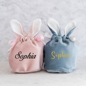 Personalised Bunny Ear Bag with Name, Custom Velvet Easter Gift Bag, Party <b>Favour</b>, Reusable Cute Tote Pouch - Product Image 1