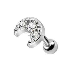 Top qualité broche ensemble Zircon oreille goujon lune forme en acier inoxydable femmes Labret boucle d'oreille bijoux oreille Tragus