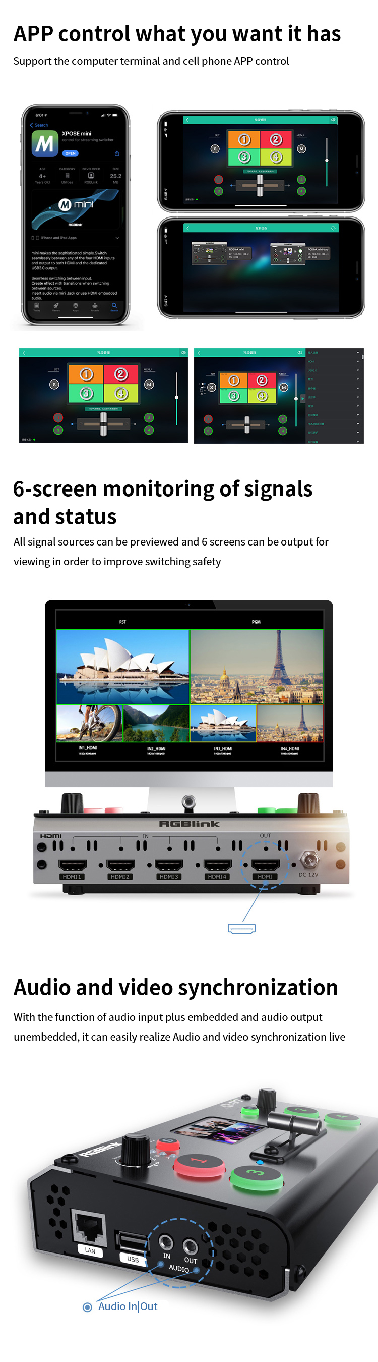 RGBlink Mini/Mini pro Video Switcher 4 Channel Input Output USB 3.0 T-Bar Switch Support PC and APP control For Live Streaming