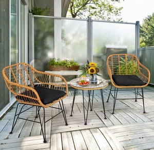 Set di Mobili in Rattan Popolare con 2 Poltrone Imbottite <span class=keywords><strong>e</strong></span> <span class=keywords><strong>Tavolino</strong></span> Rotondo in Vetro per Uso Esterno su <span class=keywords><strong>Balcone</strong></span> o Giardino - Product Image 5