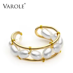 VAROLE Natural Pearls Ring Handmade Gold Color Rings For Women Accessories Finger Freshwater Pearl Jewelry Ring.