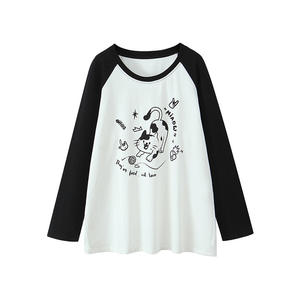 T-shirt à manches raglan pour femmes grandes tailles, imprimé chat, manches longues, haut décontracté en tricot avec motif lettres pour adultes - Product Image 1
