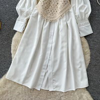 Ensemble deux pièces d'été pour femme : Robe midi élégante à col revers et manches bouffantes en crochet patchwork, idéale pour le bureau