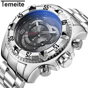 Reloj TEMEITE 020G plateado de cuarzo para hombre, banda de acero, diales resistentes al agua, decoración, Calendario, Reloj informal con oro y plata