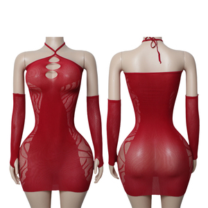 Sexy Women's Halter Neck <b>Fishnet</b> Bodycon Mini Dress with Detachable Long Sleeves & Hollow Out Design for Party Clubwear - Product Image 4