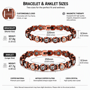 Bracciale/Cavigliera Magnetica in Rame Puro al 99,99% <span class=keywords><strong>con</strong></span> Catena a Maglie di Cristallo e <span class=keywords><strong>Magnete</strong></span>, Placcatura Rame Anticato, 220mm 255mm, Ingrosso - Product Image 2