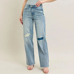 بنطلون جينز نسائي صيفي مخصص بلون أزرق فاتح، خصر منخفض، فضفاض، مستقيم الساق، بأسلوب الشارع الرجعي، مريح وقابل للتنفس - Product Image 1