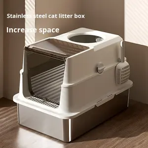 Caja de arena extra grande de acero inoxidable para gatos, bandeja elevada semicerrada a prueba de olores con salida superior, accesorio de inodoro a prueba de salpicaduras - Product Image 6