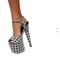 Chaussures de pole dance sexy à talon ouvert de 20 cm, à lacets, motif pied-de-poule, pour l'extérieur, avec semelle intérieure confortable et souple, pour l'été