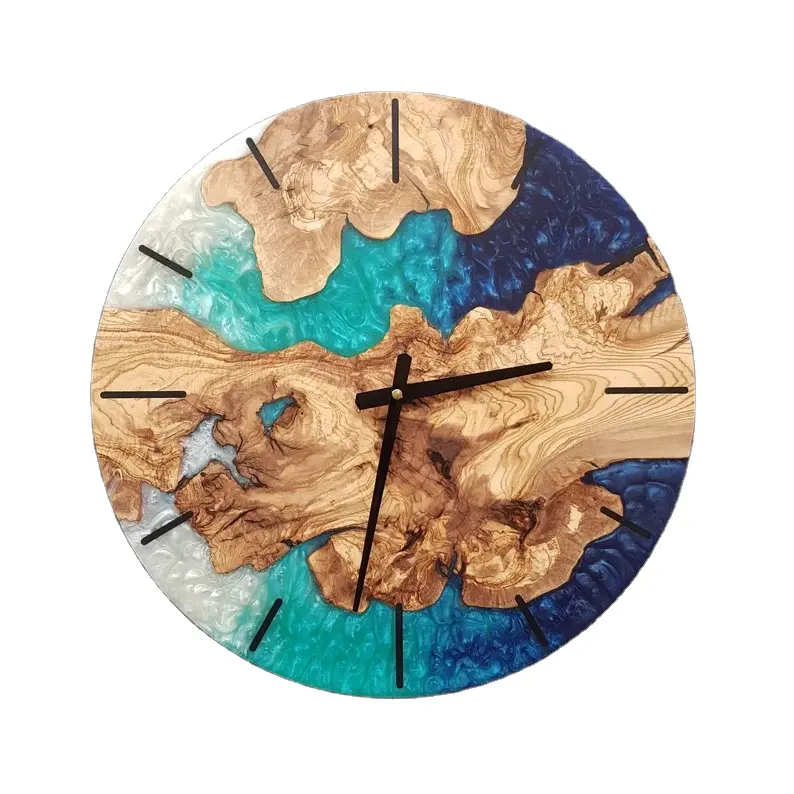 Natural home gift coastal ocean sea decorations olive wood epoxy resin wood wall clock