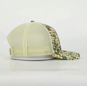 Logotipo de parche de cuero genuino personalizado Sombrero de camionero plano con estampado de camuflaje de 6 paneles Sombrero de camuflaje personalizado Gorra de malla - Product Image 4