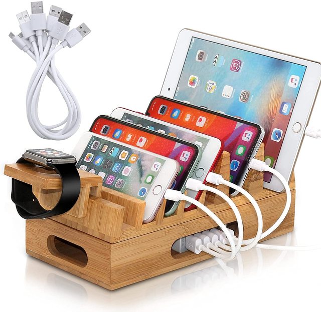 Desktop Organizer Multiple Device Storage Racks Wooden Mobile Phone Charging Station