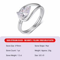 Bague en argent sterling 925 plaqué rhodium 0,1 μm sur mesure, vente en gros, avec moissanite taille poire 6x9mm et bande croisée pour femme