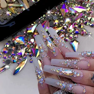 180 piezas de diamantes de imitación de vidrio AB con reverso plano para decoración de uñas, gemas de diamante mixtas de múltiples formas, piedras de cristal azules y moradas para decoración de uñas DIY. - Product Image 1