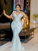Personnalisé 2025 arabe blanc sirène robes de mariée avec train détachable perlé Illusion à manches longues grande taille robes de mariée