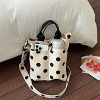 Tas Tote Mini Polka Dot Tekstur Linen Tas Tangan Wanita Tali Selempang yang Dapat Disesuaikan untuk Belanja Santai Sehari-hari