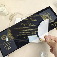 Carte d'invitation de mariage en acrylique noir de style européen, dorure à chaud personnalisable, imprimable, avec enveloppe en velours