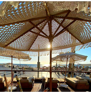Sombrilla de Macramé Tejida a Mano, Estilo Bohemia, con Cuerda de Algodón, Poste de <span class=keywords><strong>Madera</strong></span>, Borlas Hechas a Mano, Toldo Tejido, Sombrilla de Playa - Product Image 3