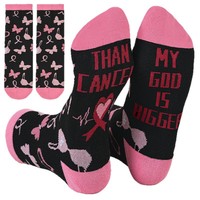 Chaussettes mi-mollet pour femme en polyester, jacquard, avec motif gants de boxe, ruban rose, lettres et bordure rayée blanc-rose, cadeau pour survivant