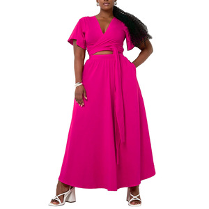 Conjunto de Dos Piezas para Mujer, Primavera-Verano, Color Sólido, Manga Larga, Cuello en V, Abertura Lateral - Product Image 5