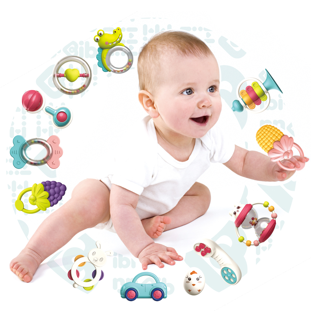 12 Stück Silikon Baby Beiß ringe in Aufbewahrung sbox Kunststoff Handbell Baby Rasseln Sensorische Aktivität Spielzeug Set Wasch bares Kau spielzeug