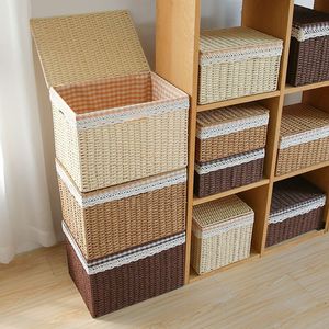 Imitation rattan storage basket, flip-top, multi-functional storage <b>box</b>, dustproof and miscellaneous item storage basket, - Product Image 3