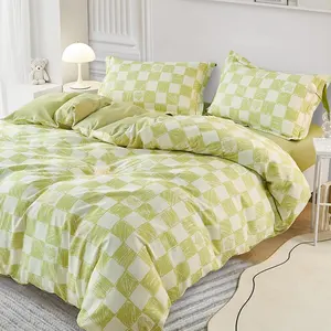 Hot sell simple white and green checkerboard print polyester bedding set bed cover quilt set